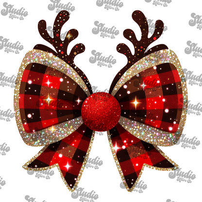 Faux glitter reindeer bow, DTF Heat Transfer