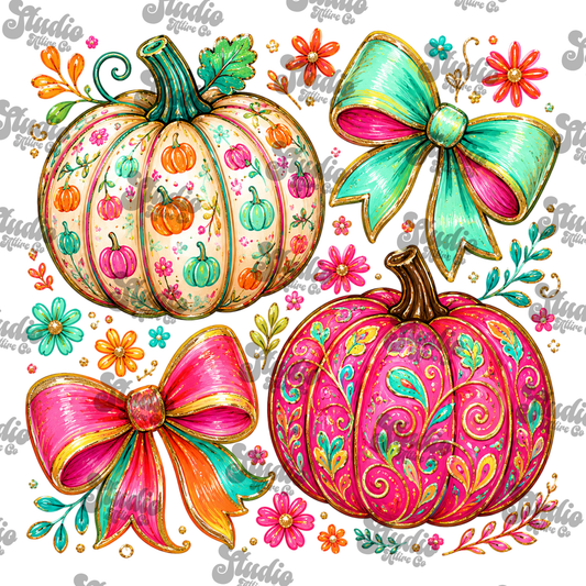Colorful pumpkin and bows, DTF Heat Transfer