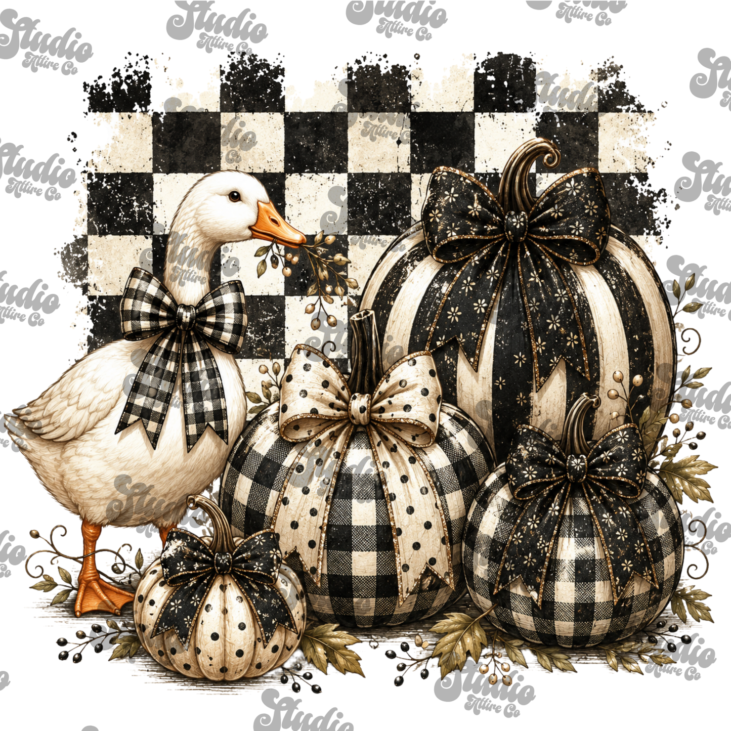 Black checkered goose/pumpkins, DTF Heat Transfer