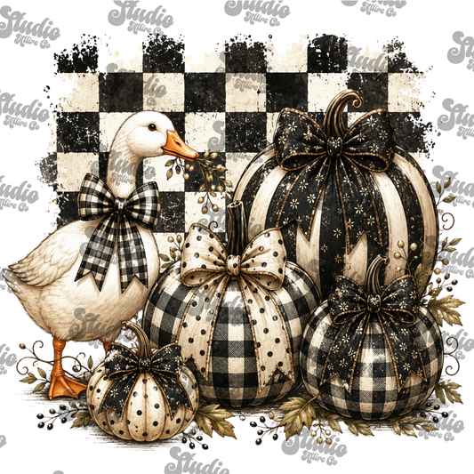 Black checkered goose/pumpkins, DTF Heat Transfer