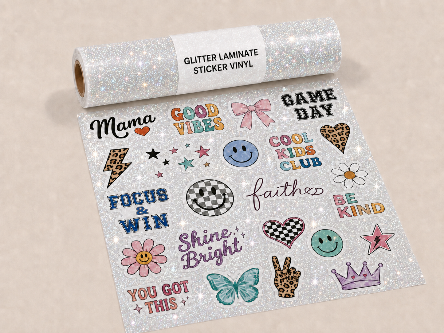 Sticker Sheet - White Vinyl - Glitter Laminate