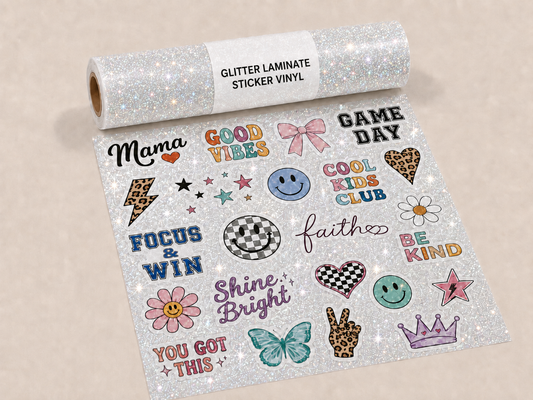 Sticker Sheet - White Vinyl - Glitter Laminate