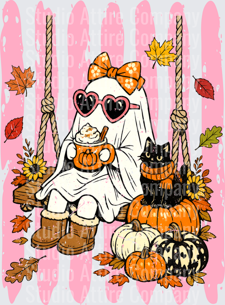 Swinging ghost with glasses, DTF Heat Transfer - Raw Image