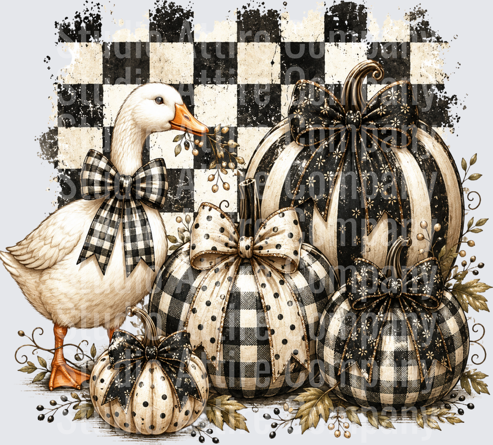 Black checkered goose/pumpkins, DTF Heat Transfer - Raw Image