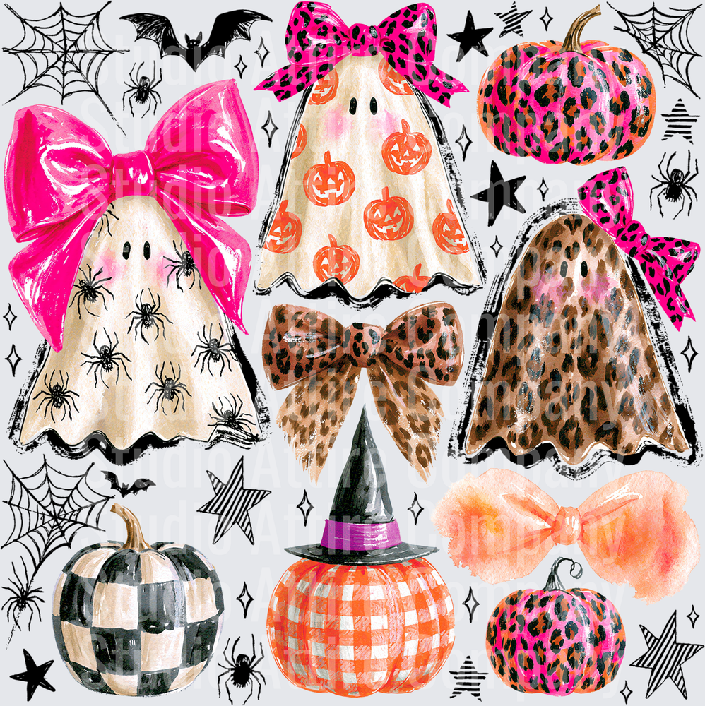 Checkered ghosts/bows/pumpkins, DTF Heat Transfer - Raw Image