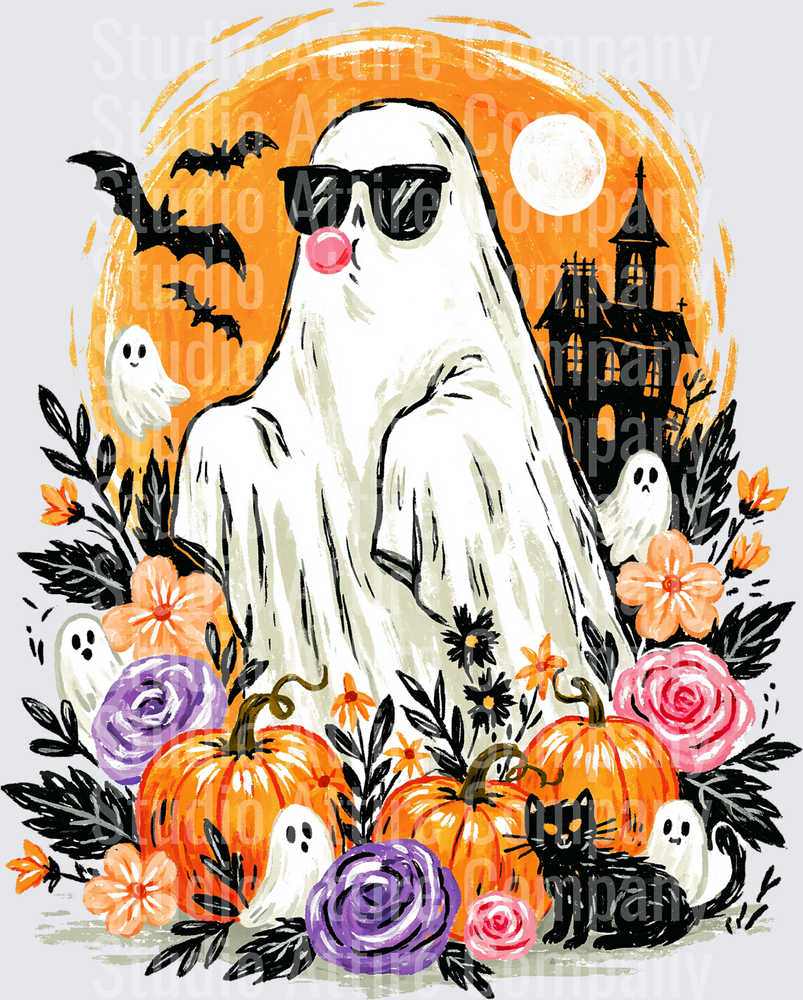 Hipster ghost Halloween, DTF Heat Transfer - Raw Image